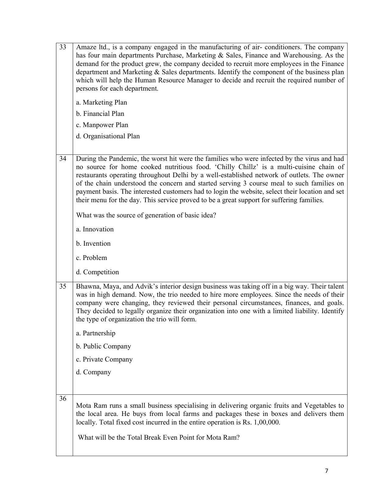 CBSE Class 12th Entrepreneurship Sample Question Paper 2021-22 - Page 7