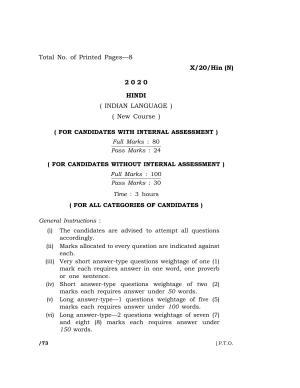 Meghalaya Board (MBOSE) Class 10 HINDI ( INDIAN LANGUAGE ) ( New Course ) 2020 Question Paper
