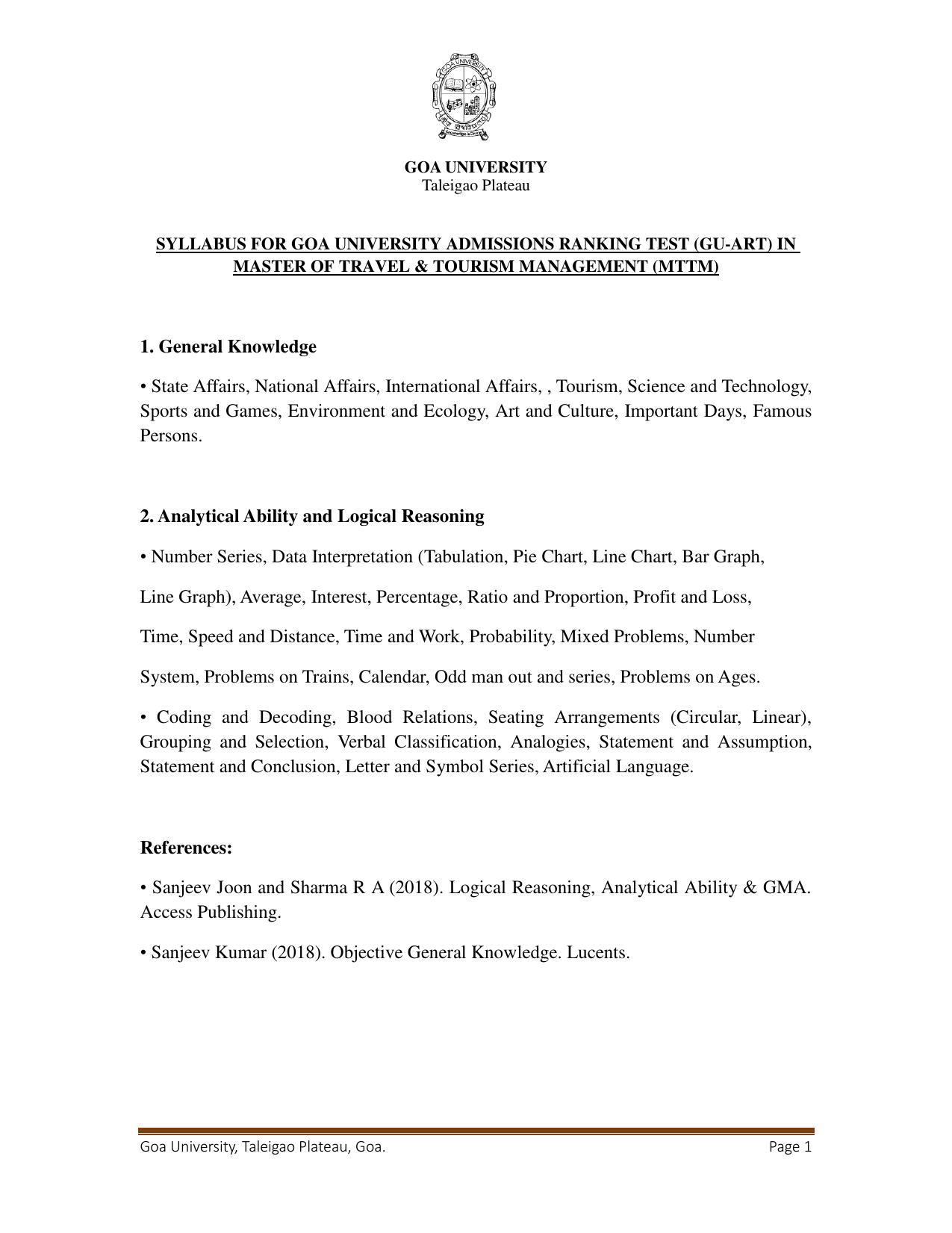 GU ART Travel & Tourism Management (MTTM) Syllabus - Page 1