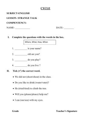 Worksheet for Class 2 English Assignment 90 Strange Talk