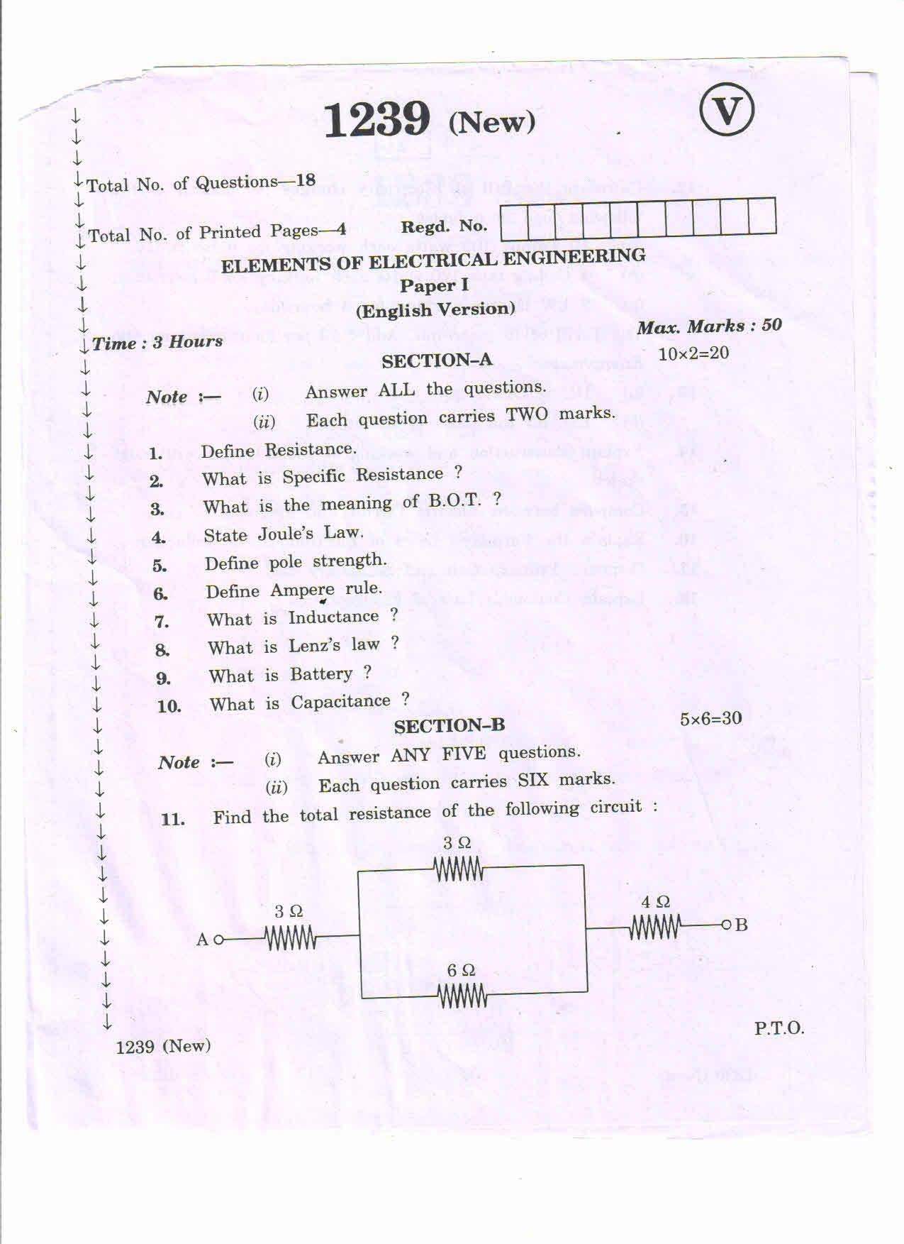 AP Inter 2nd Year Vocational Question Paper March - 2020 - Elements of Electrical Engineering-I - Page 1