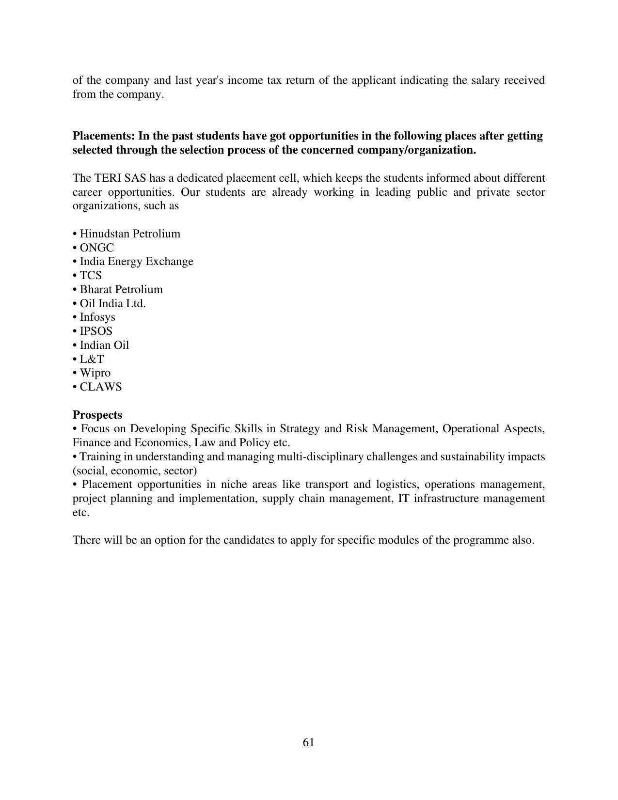 TERI University, Delhi Information Brochure Prospectus 2021-22 - Page 61