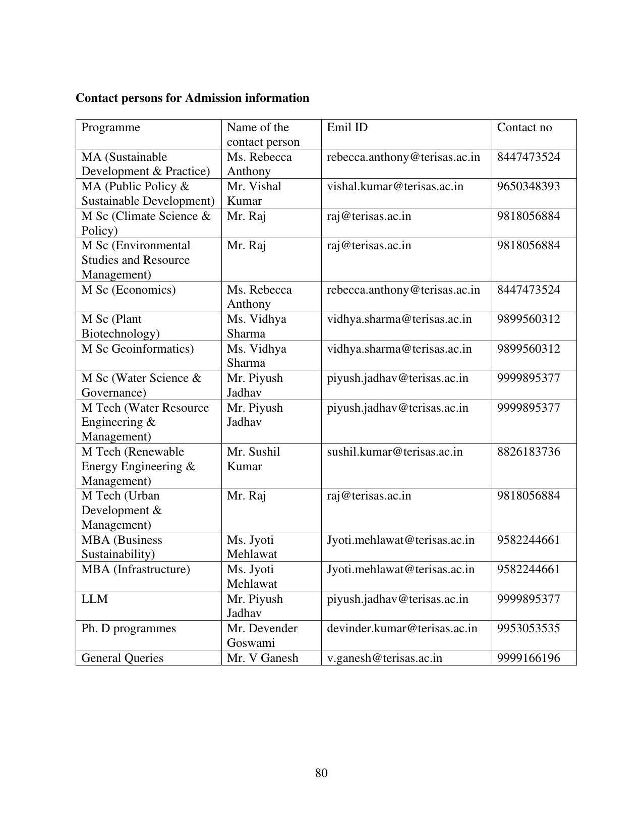 TERI University, Delhi Information Brochure Prospectus 2021-22 - Page 80