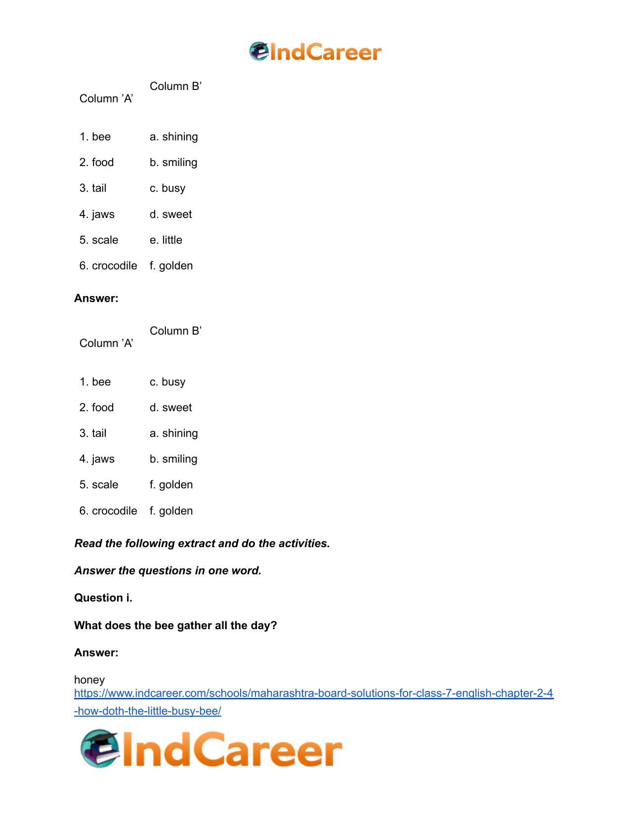 Maharashtra Board Solutions for Class 7- English: Chapter 2.4- How Doth the Little Busy Bee - Page 7