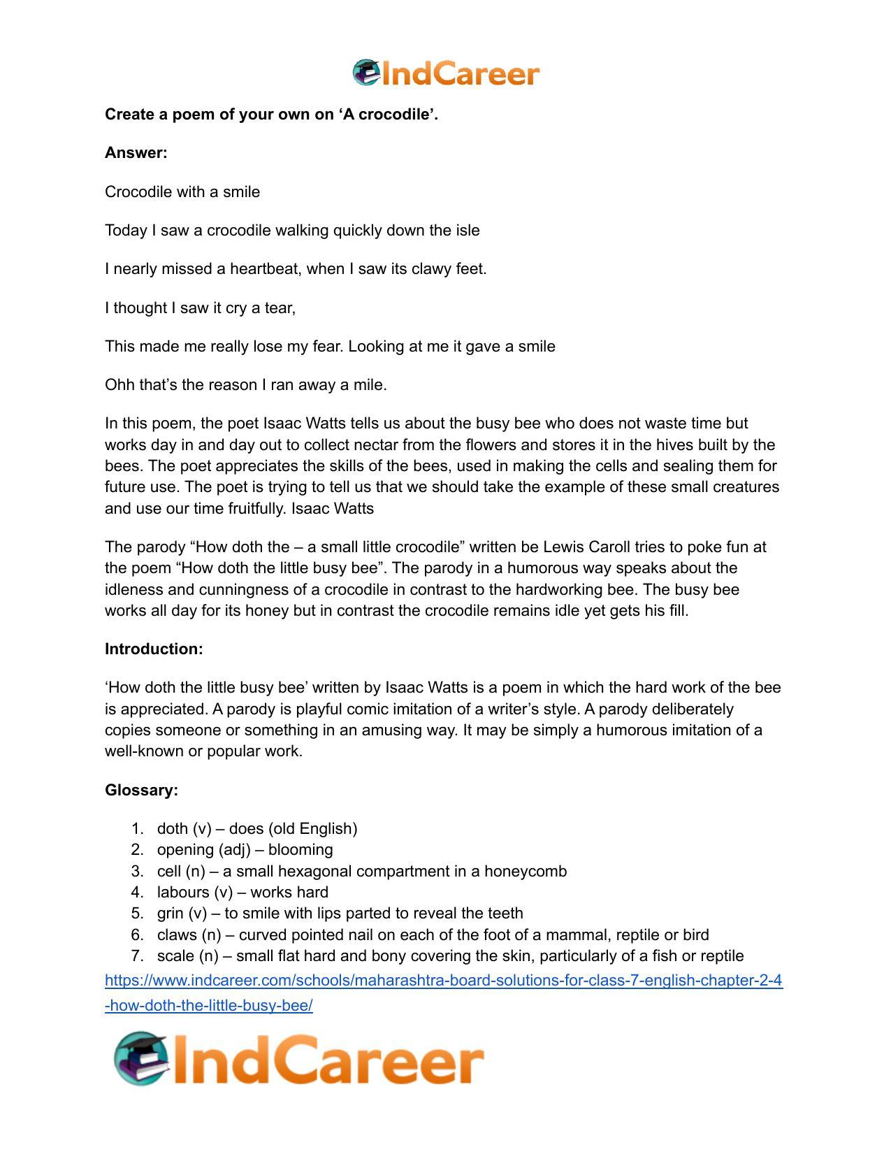 Maharashtra Board Solutions for Class 7- English: Chapter 2.4- How Doth the Little Busy Bee - Page 11