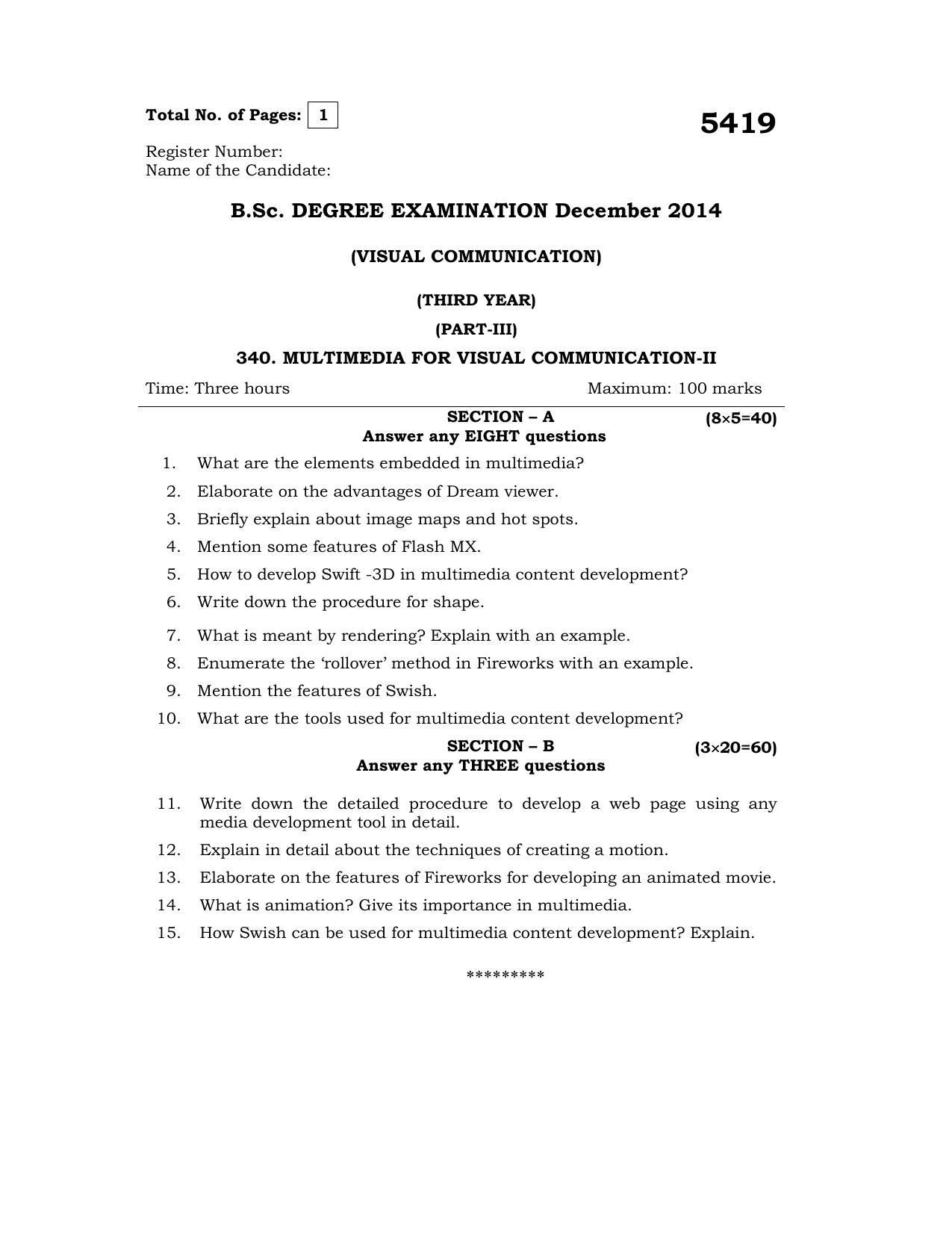 Annamalai University Multimedia For Visual Communication-II B.Sc Visual Communication December 2014 Question Papers - Page 1