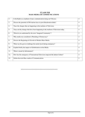 CBSE Class 12 Sociology Mass Media of Communications Worksheets