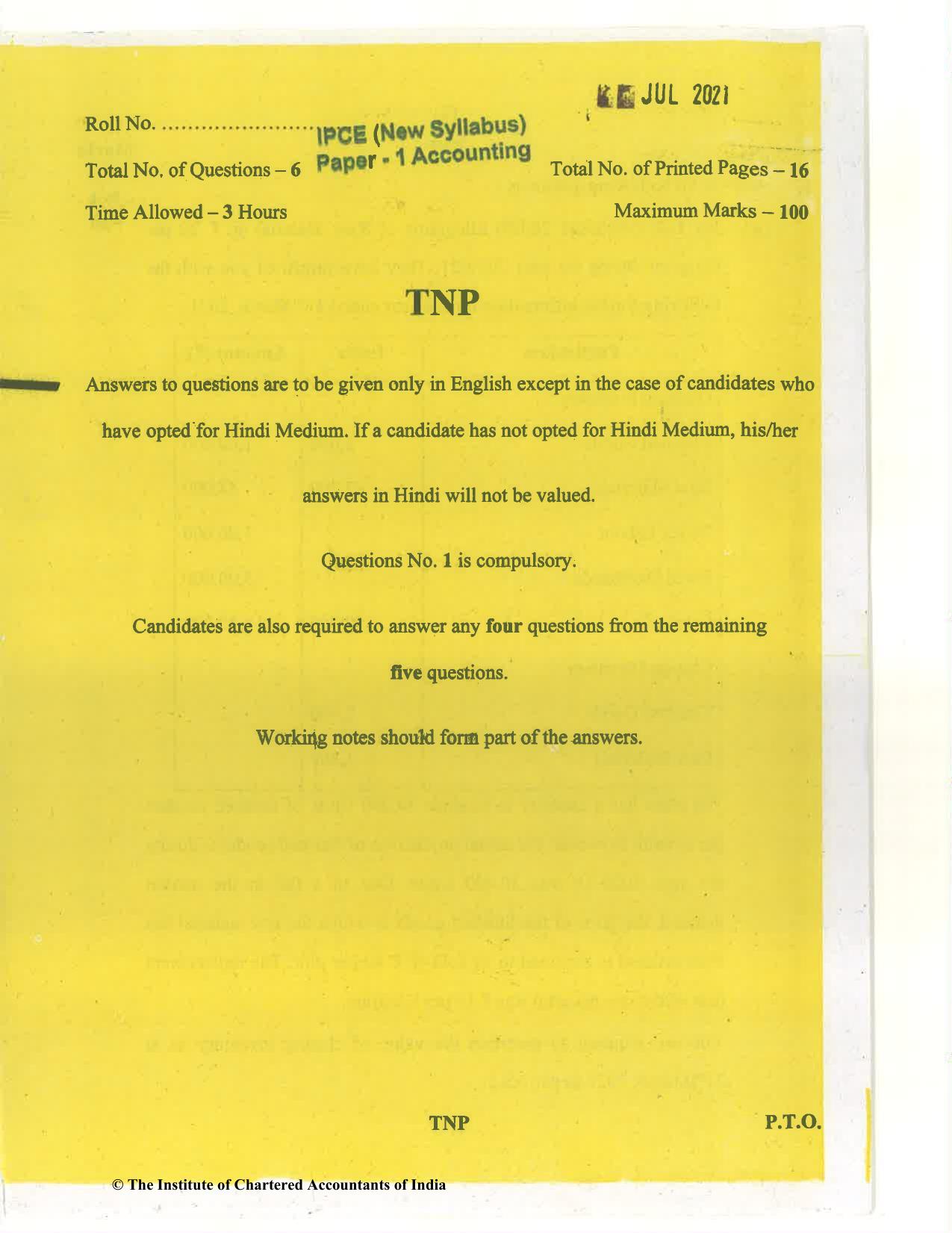 CA Inter Jul 2021 Question Paper - Paper 1 – Accounting - Page 1