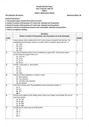 CBSE Class 10 Mathematics (Basic) Sample Paper 2021-22