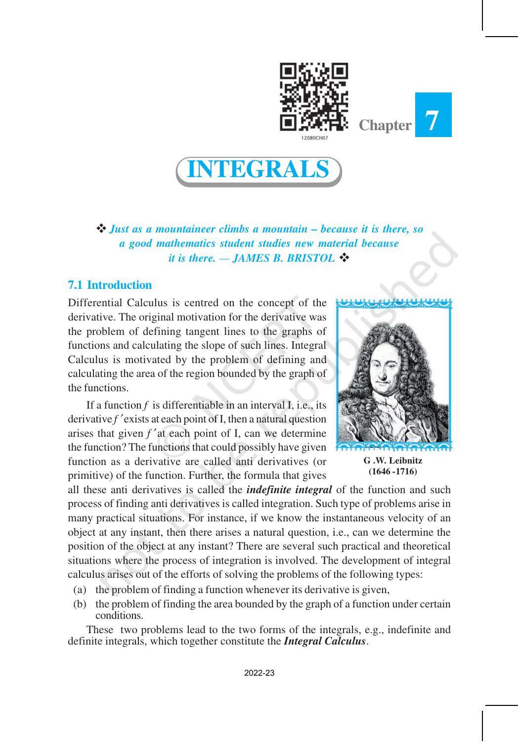 NCERT Book for Class 12 Maths Chapter 7 Integrals - Page 1