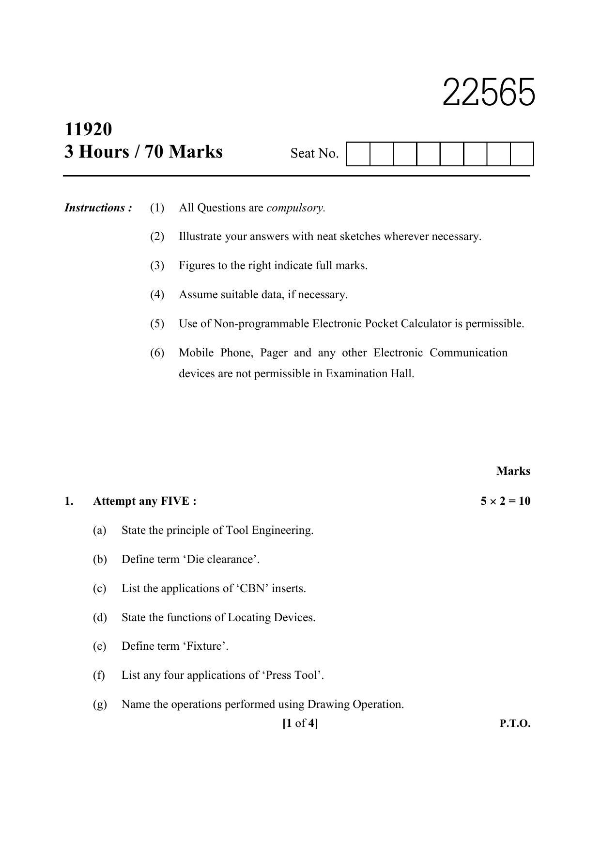 MSBTE Question Paper - 2019 - Tool Engineering (Elective) - Page 1