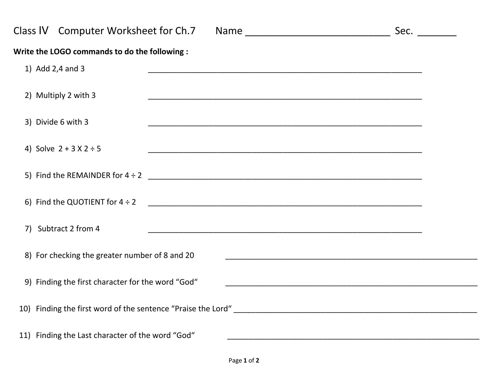 Worksheet for Class 4 Computers Assignment 11 - Page 1