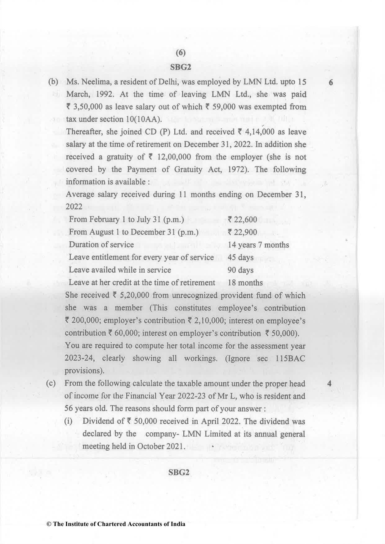 CA Inter Nov 2023 Question Paper - Paper 4 – Taxation - Page 6