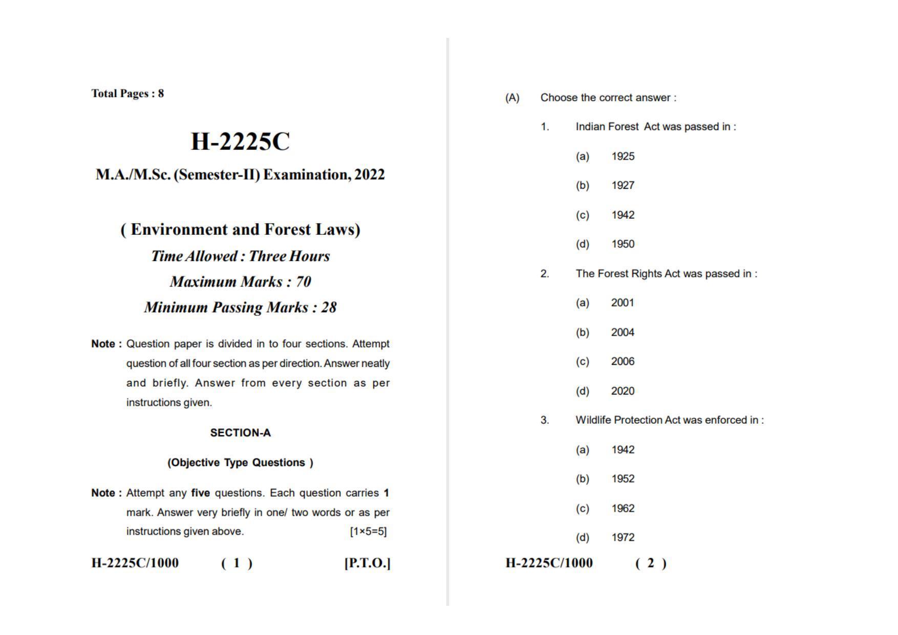 Sarguja University Question Paper - 2022 : M.A. In Geography(Second Sem.) Environmental And Forest laws Paper 1 - Page 1