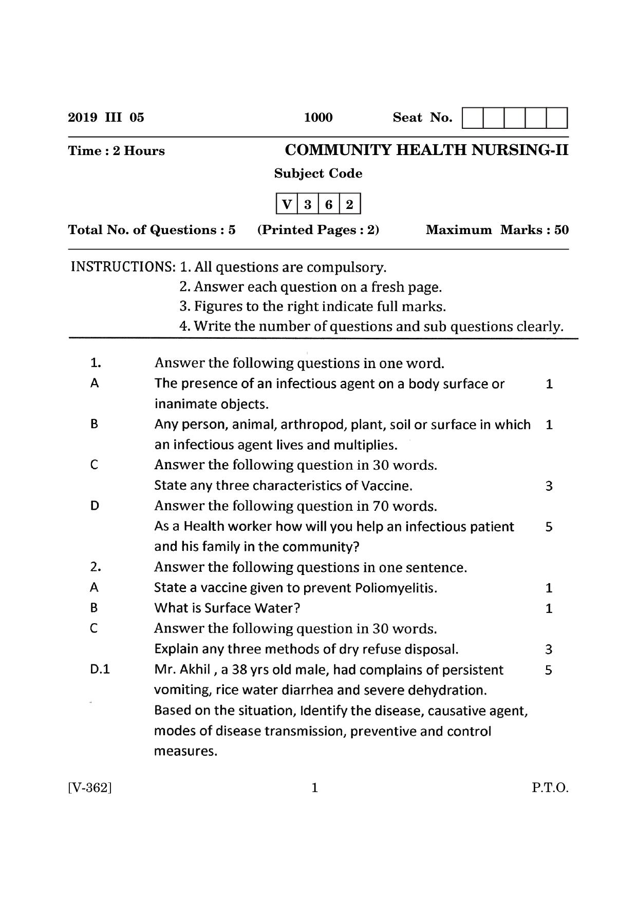 Goa Board Class 12 Community Health Nursing - II  March 2019 (March 2019) Question Paper - Page 1
