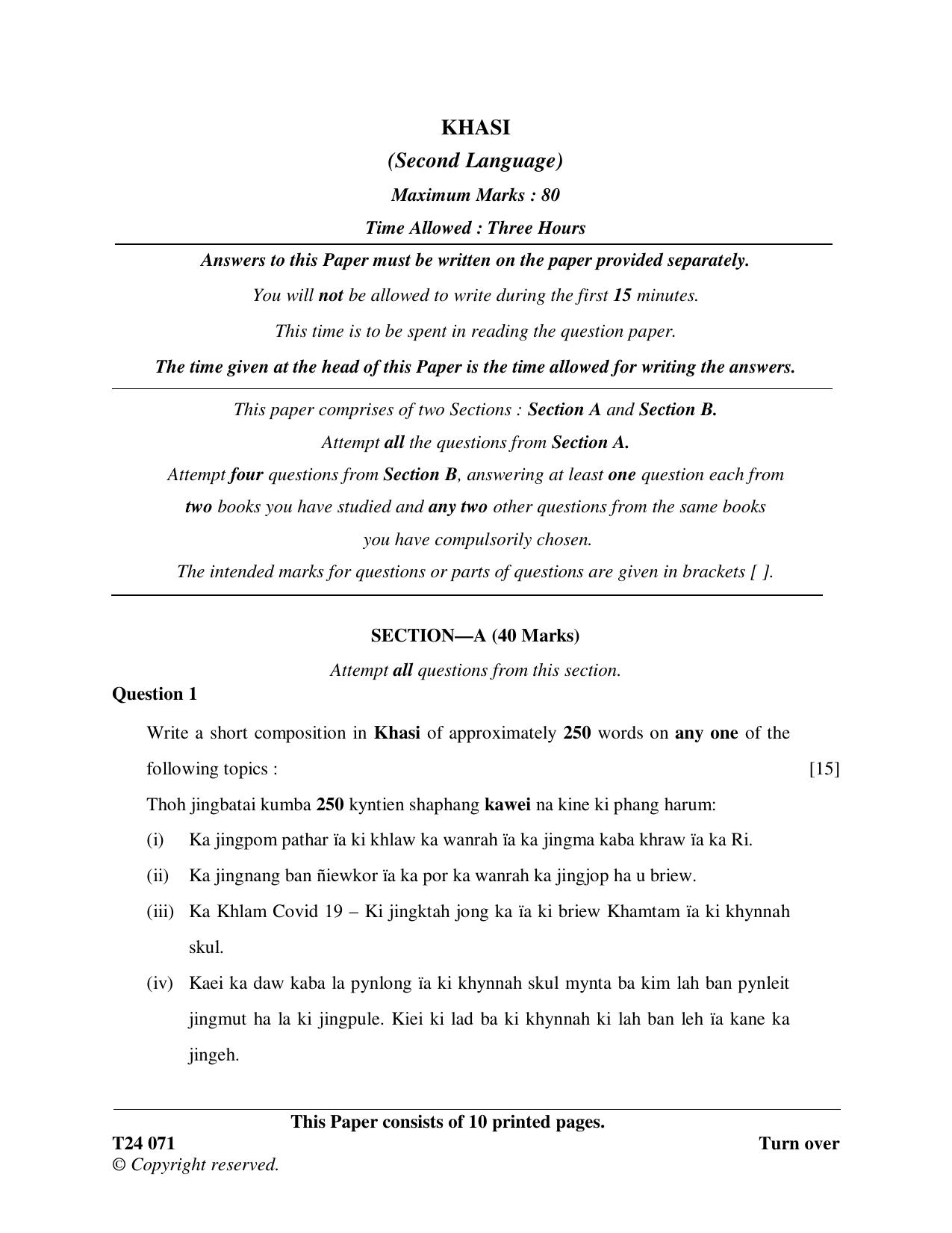 ICSE Class 10 Khasi 2024 Question Paper - Page 1