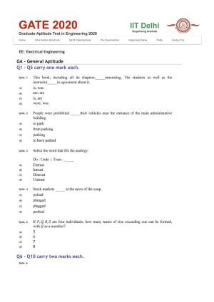 GATE 2020 Electrical Engineering (EE) Question Paper