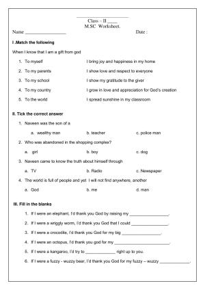 Worksheet for Class 2 Moral Science Assignment 1