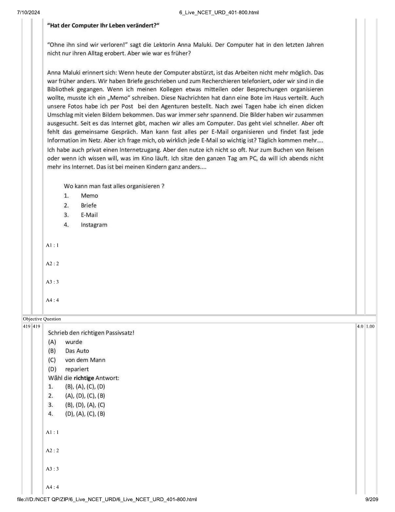 NCET 2024 Question Paper (Q 401-800) - Page 9