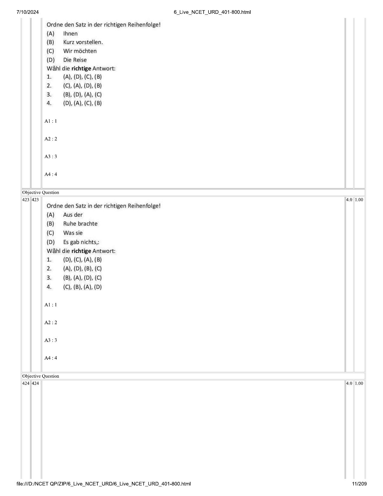 NCET 2024 Question Paper (Q 401-800) - Page 11