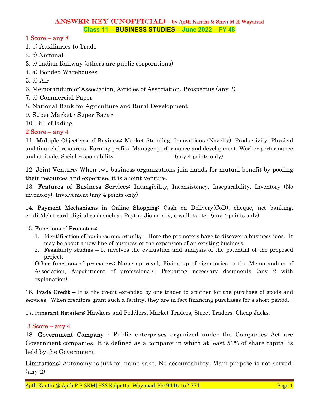 Kerala Plus One 2022 Business Studies Answer Key (EM) - Page 1