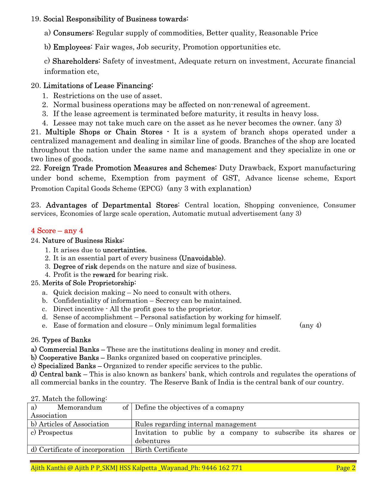 Kerala Plus One 2022 Business Studies Answer Key (EM) - Page 2