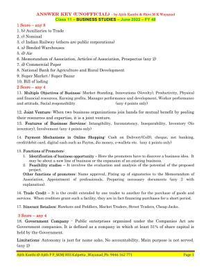 Kerala Plus One 2022 Business Studies Answer Key (EM)