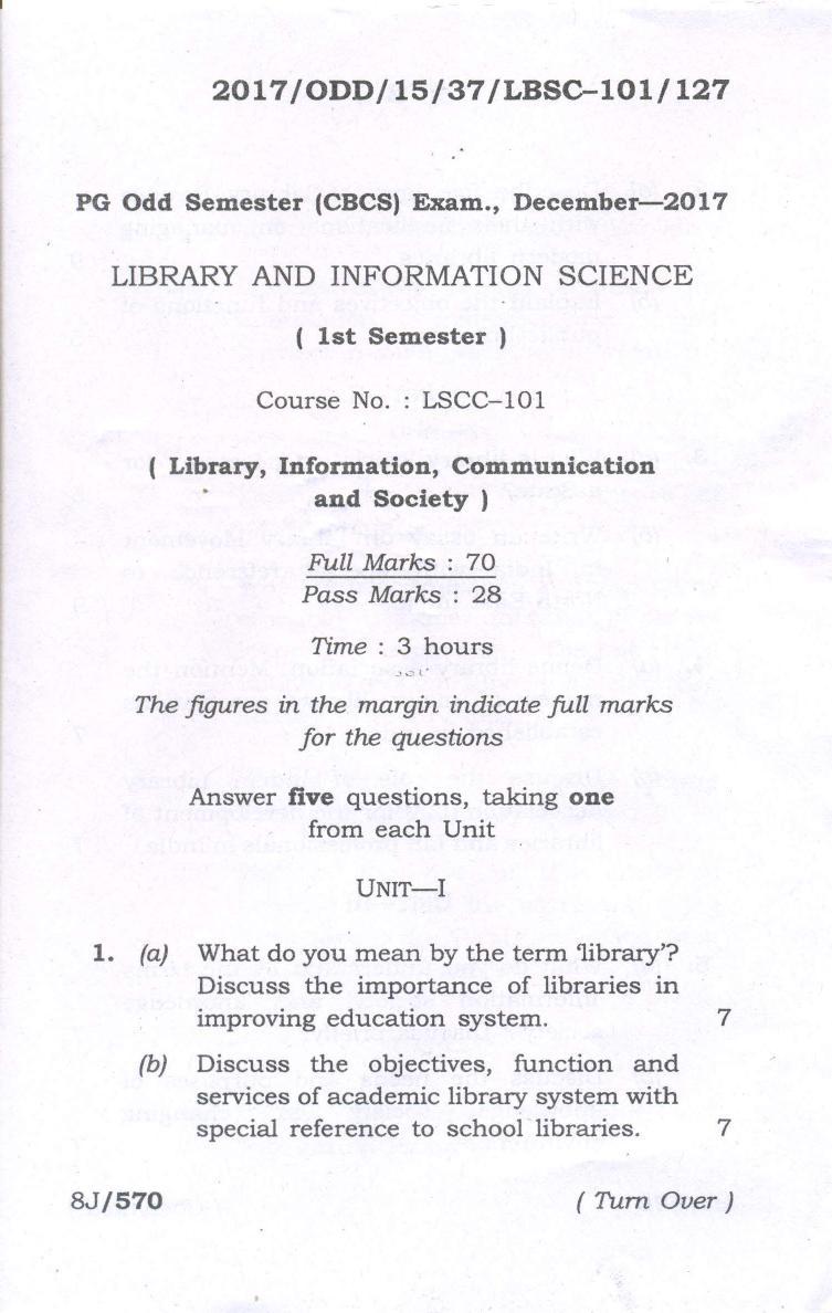 Assam University MLiSc Dec 2017 Question Paper - Page 1
