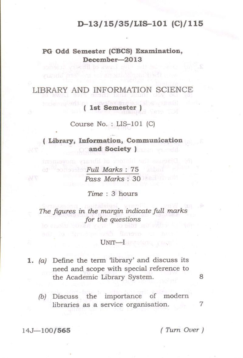 Assam University MLiSc Dec 2017 Question Paper - Page 22