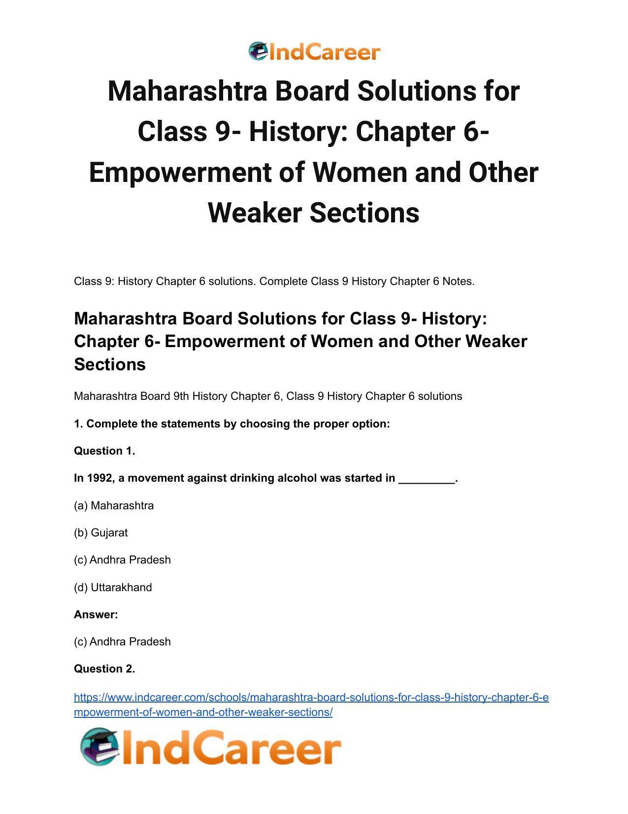 Maharashtra Board Solutions for Class 9- History: Chapter 6- Empowerment of Women and Other Weaker Sections - Page 2