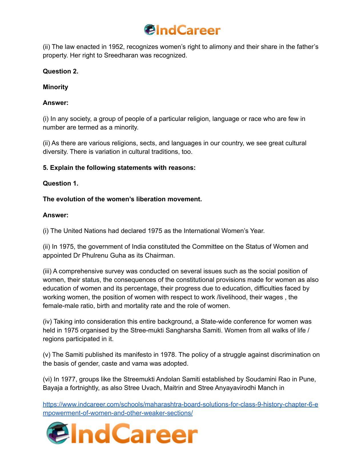 Maharashtra Board Solutions for Class 9- History: Chapter 6- Empowerment of Women and Other Weaker Sections - Page 5