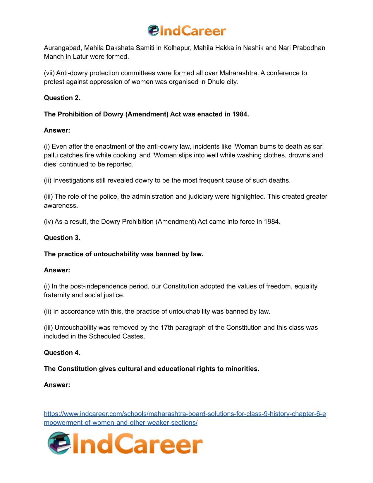 Maharashtra Board Solutions for Class 9- History: Chapter 6- Empowerment of Women and Other Weaker Sections - Page 6