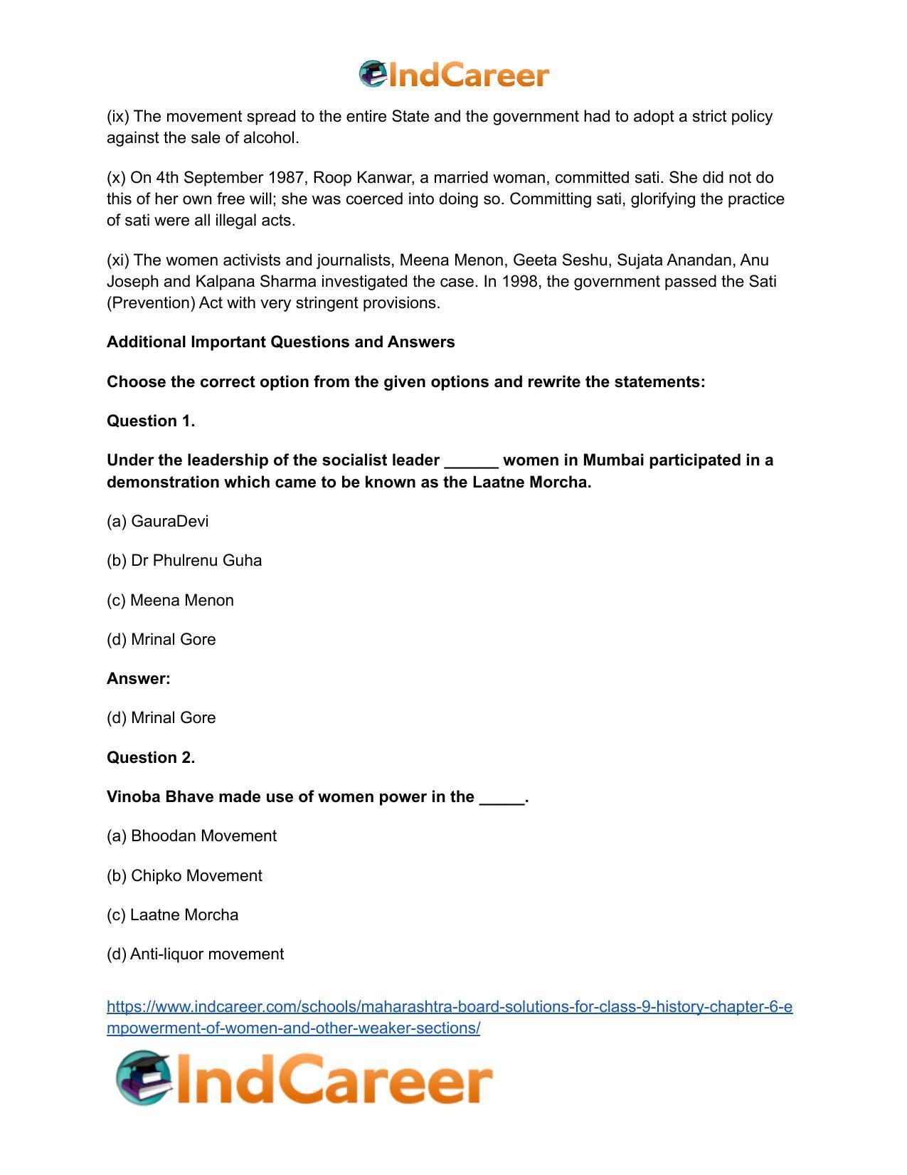 Maharashtra Board Solutions for Class 9- History: Chapter 6- Empowerment of Women and Other Weaker Sections - Page 9