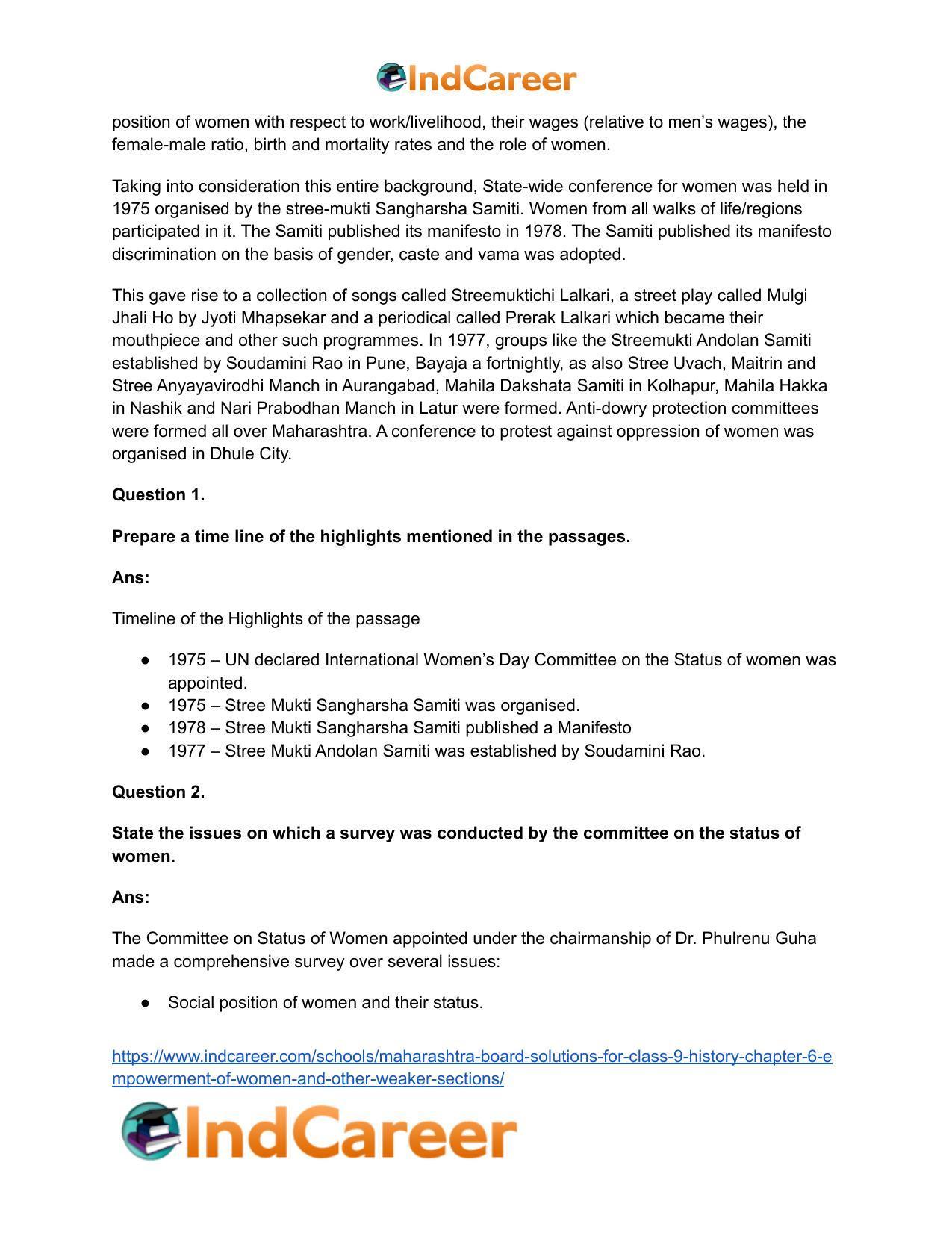 Maharashtra Board Solutions for Class 9- History: Chapter 6- Empowerment of Women and Other Weaker Sections - Page 19