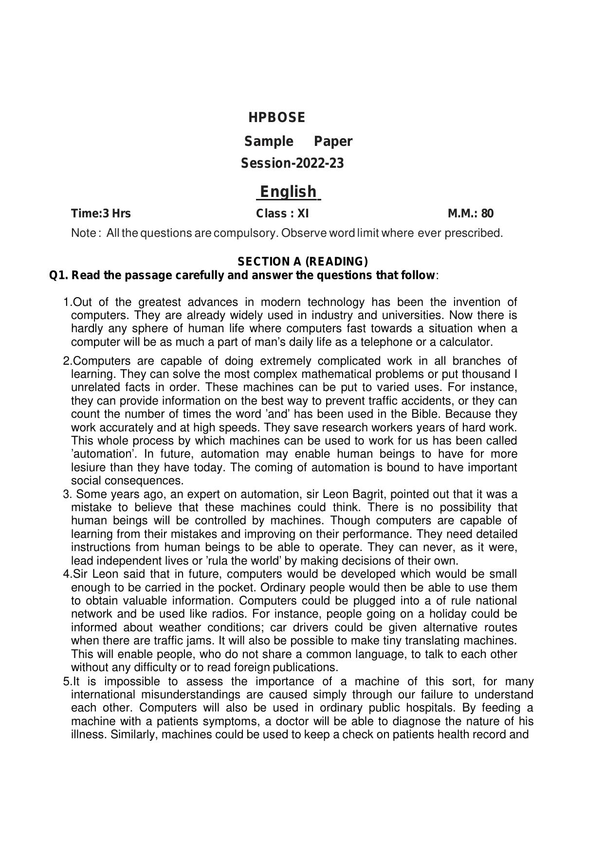HPBOSE Class 11th English Sample Question Papers 2024 - Page 1