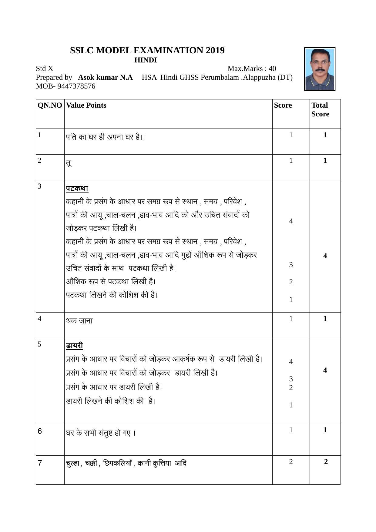 Kerala SSLC 2019 Hindi Answer Key (Model) - Page 1