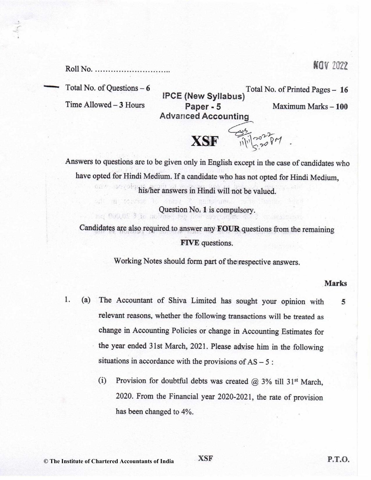 CA Inter Nov 2022 Question Paper - Paper 5 – Advanced Accounting - Page 1