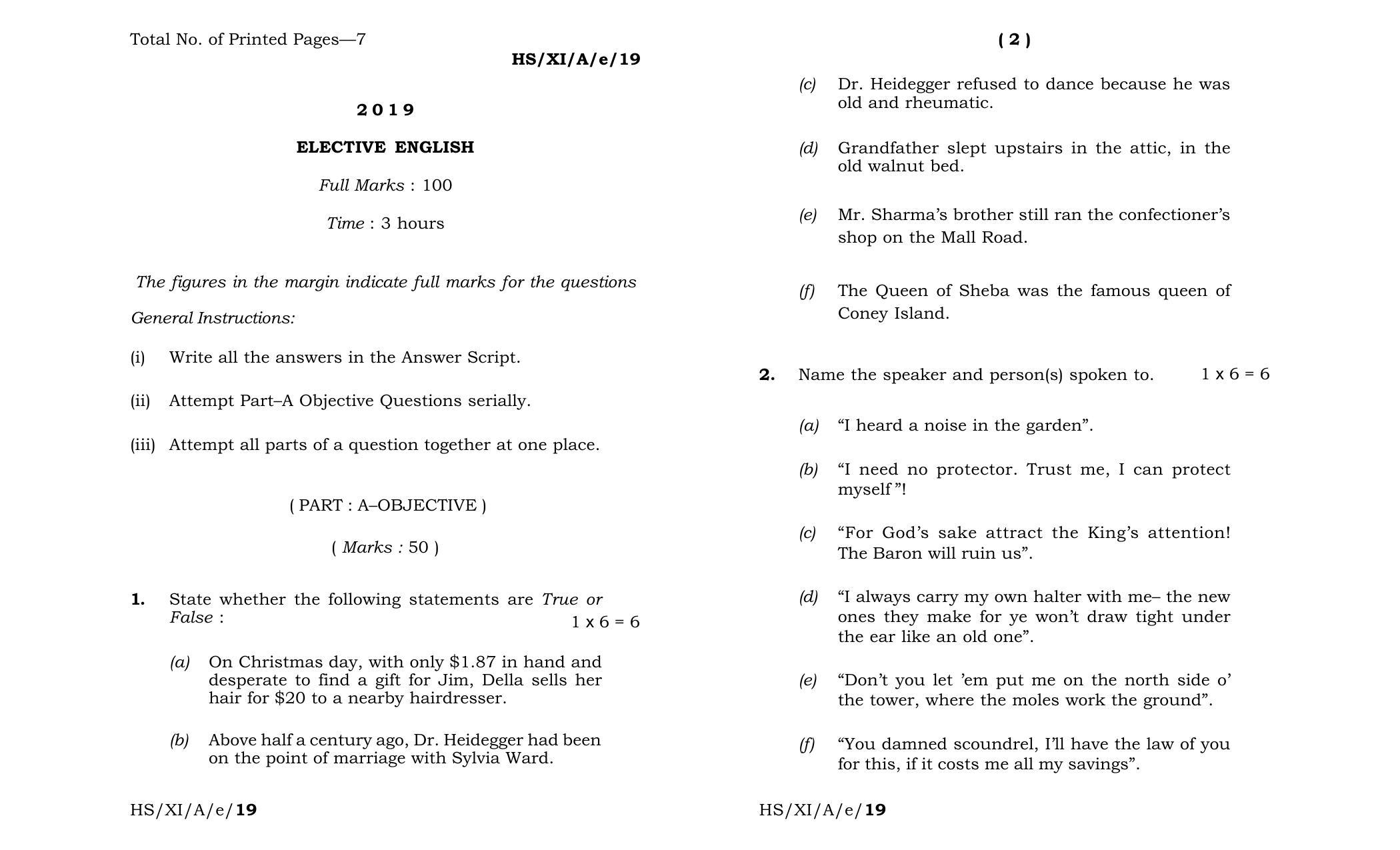 Meghalaya Board (MBOSE) Class 11 Elective_English 2019 Question Paper - Page 1