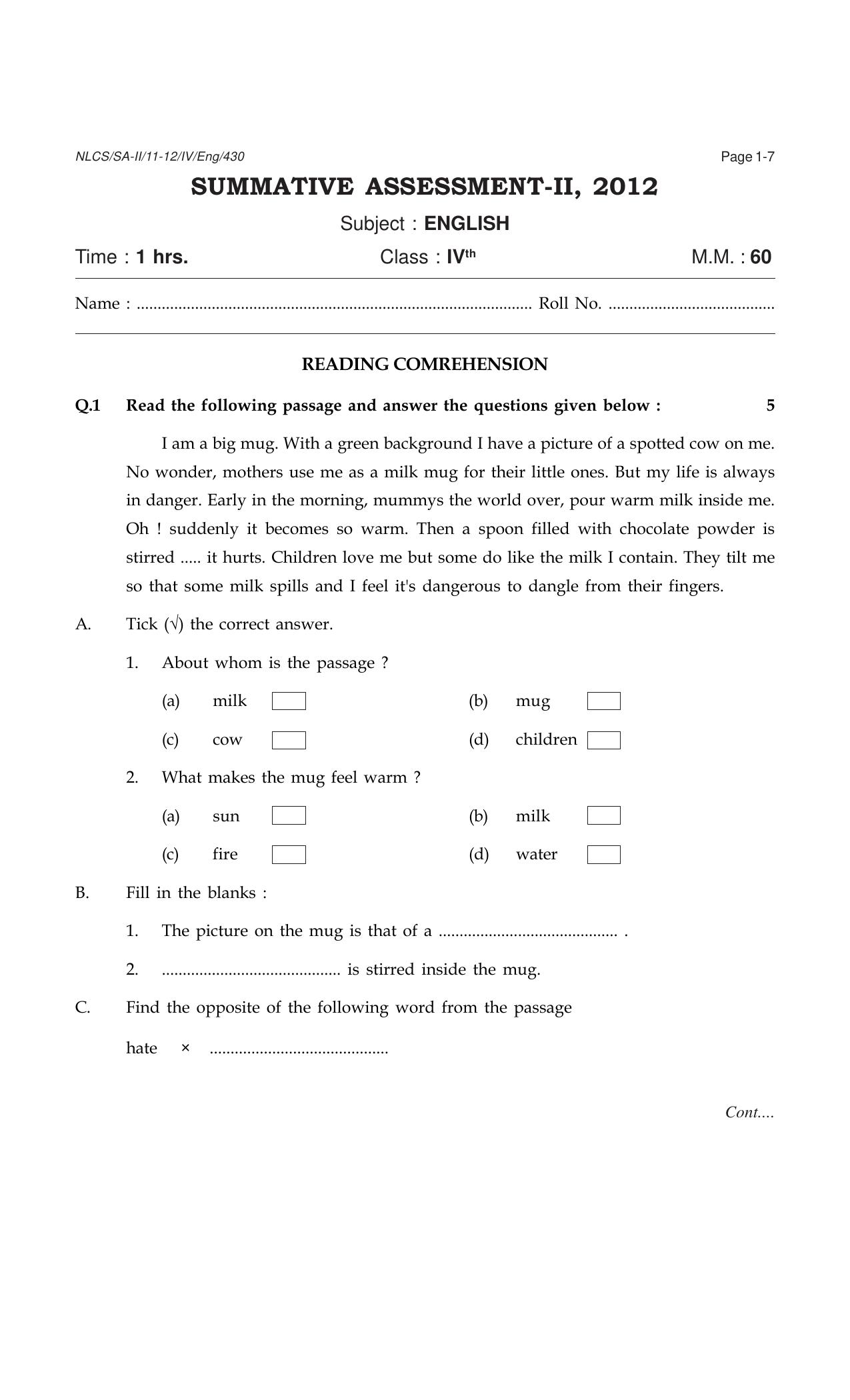 Worksheet for Class 4 English Assignment 22 - Page 1