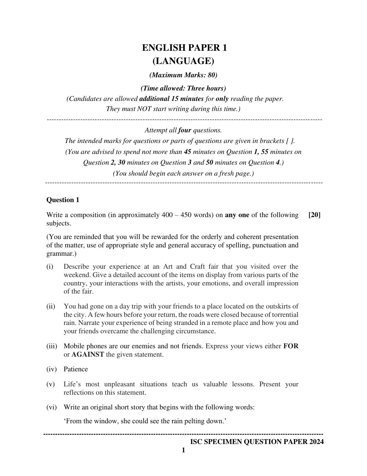ISC Class 12 2024 English Paper 1 (Language) Sample Paper - Page 1