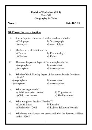 CBSE Worksheets for Class 7 Social Science Geography & Civics Assignment
