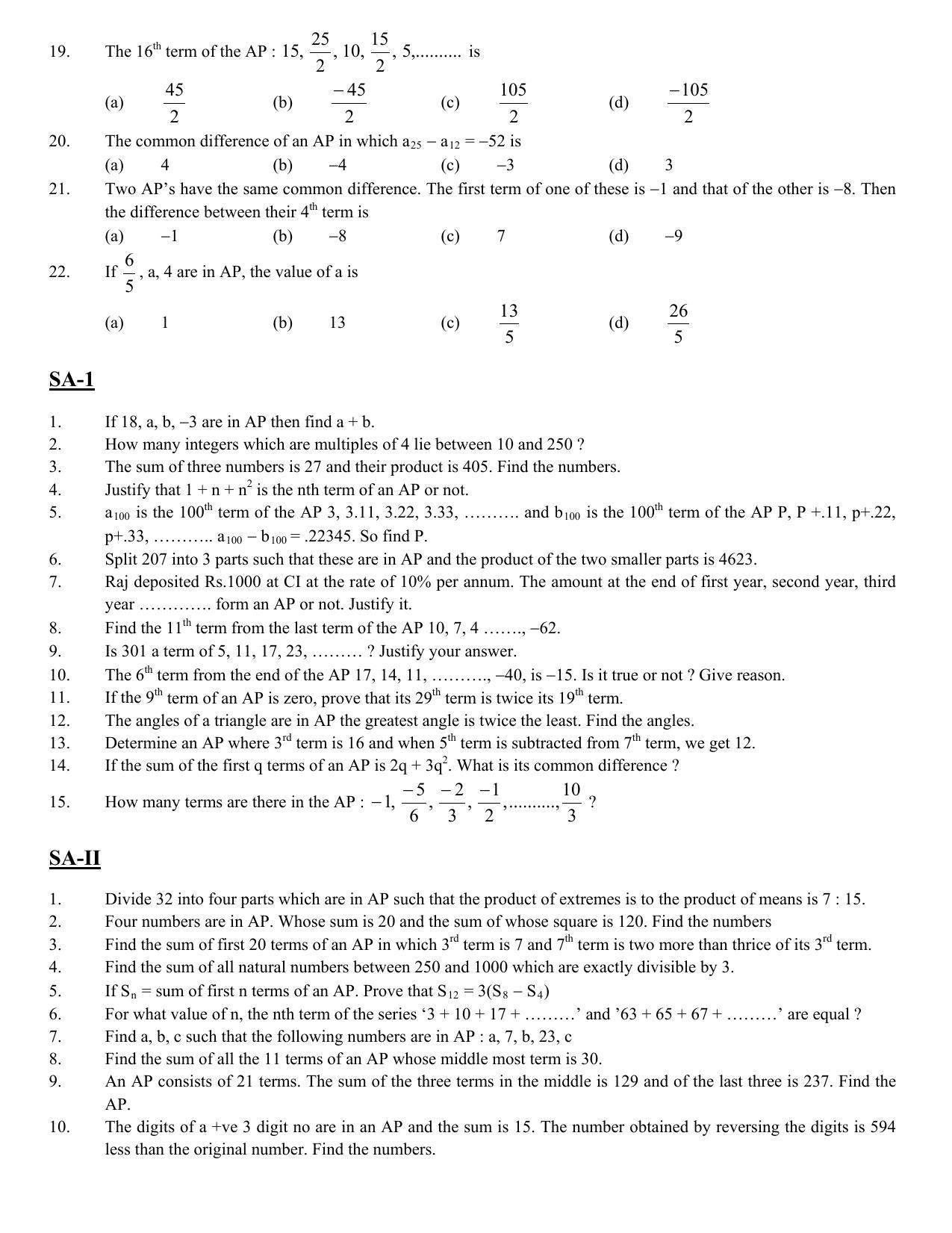 CBSE Worksheets for Class 10 Maths Arithmetic Progression Assignment 1 - Page 2