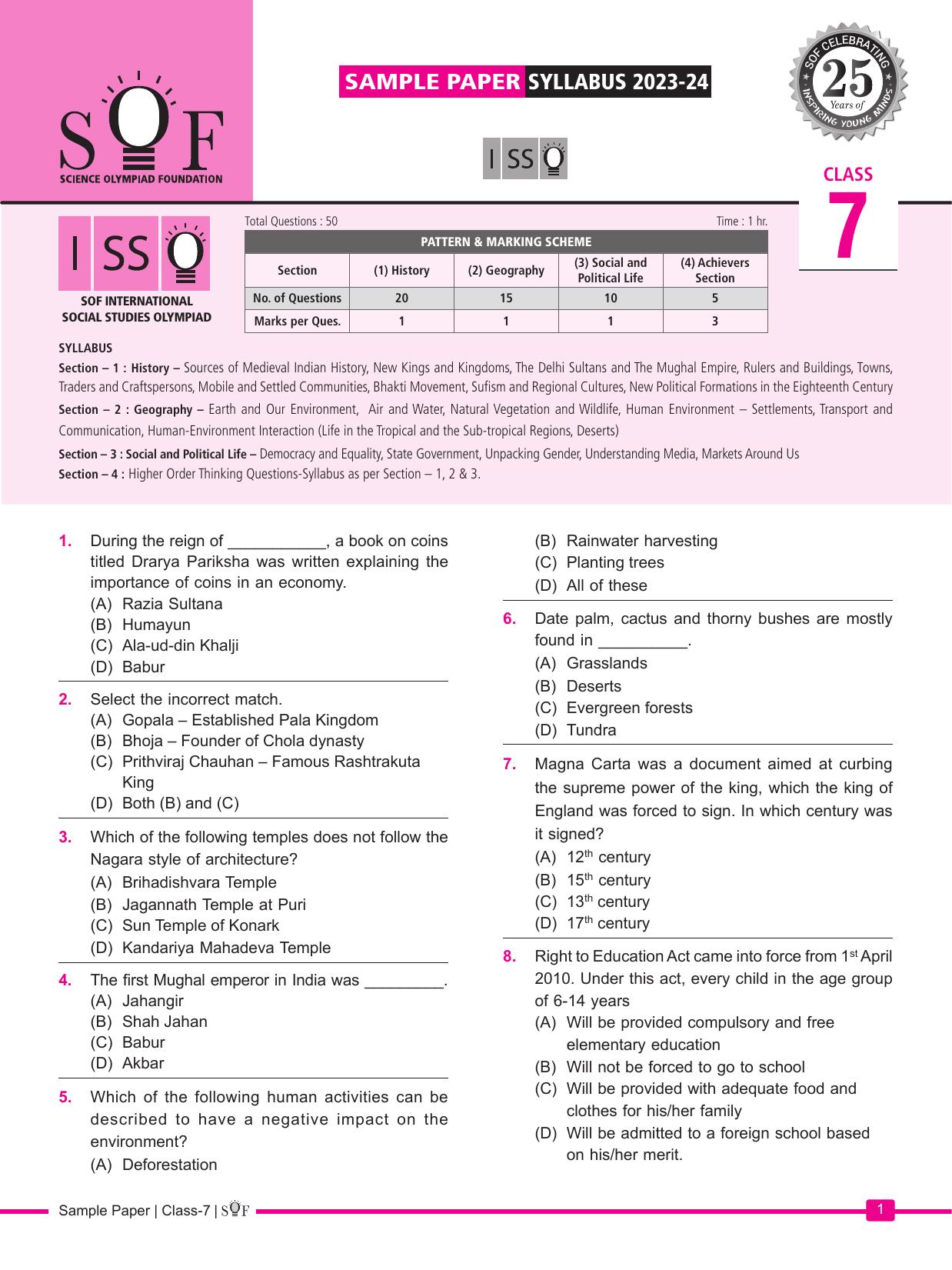 SOF ISSO Class 7 Sample Paper 2024 - Page 1