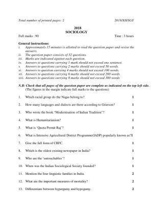 Nagaland Board Class 12 SOCIOLOGY 2018 Question Papers