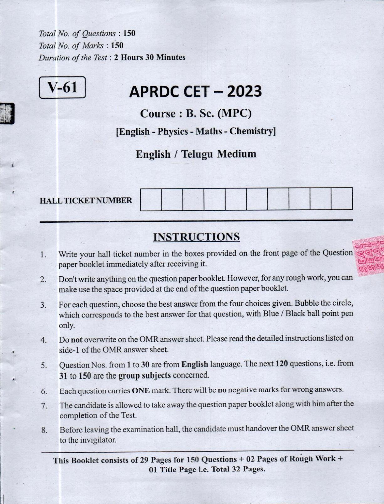 APRDC CET 2023 B.Sc (MPC) E&T Model Paper - Page 1