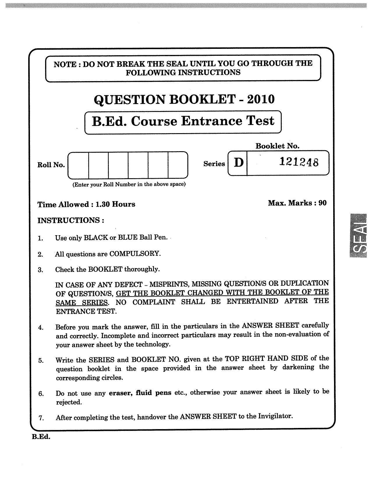 JKBOPEE B.Ed 2010 Question Paper - Page 1