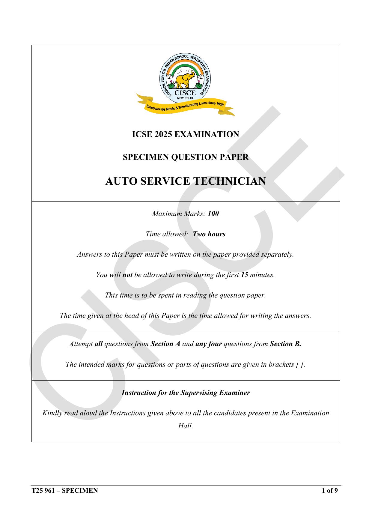 ICSE Class 10 2025 Auto Service Technician (QP & MS) Specimen Paper - Page 1