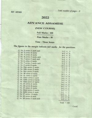 AHSEC Class 12 Advance Assamese Question Papers 2022
