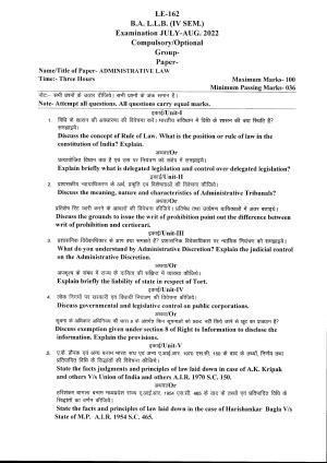Bilaspur University Question Paper July 2022 - B.A. L.L.B. (IV Sem.) Administrative Law Paper 1