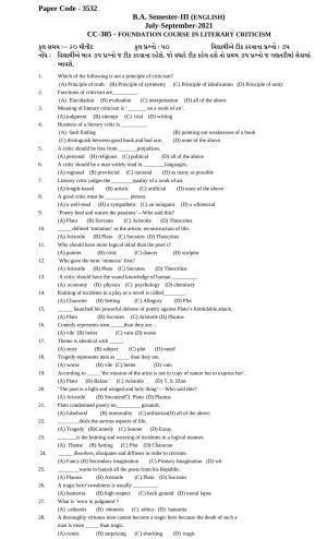  Hemchand North Gujarat University Sample Paper July-Sept 2021: B.A. Semester-III CC-305 - Foundation Course In Literary Criticism Paper Code - 3532